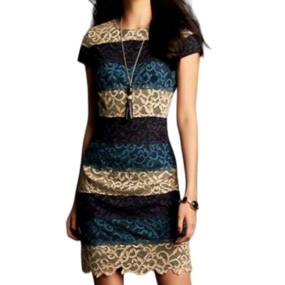 Ann Taylor Lace Sheath Dress Size 8 Women's Blue Beige Striped Cap Sleeve